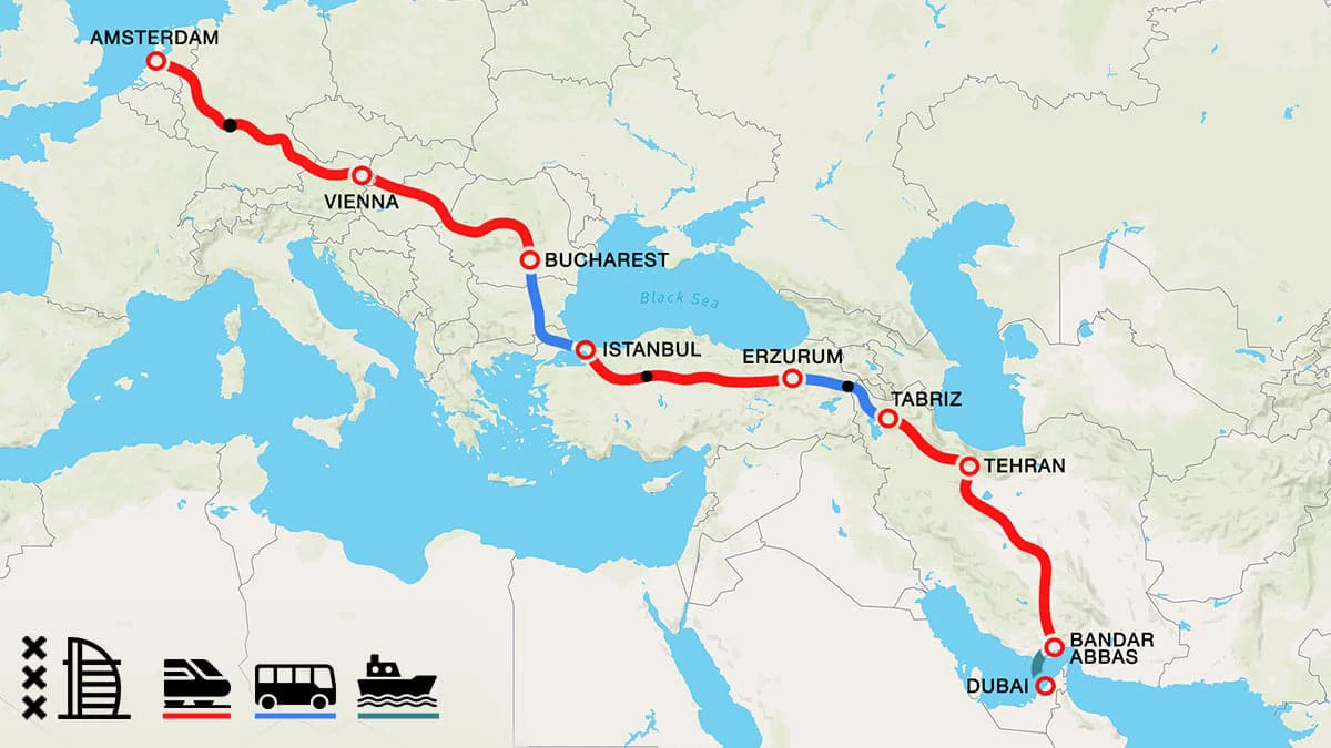 A map showing the route Wiebe Wakker took from Amsterdam to Dubai by train.
