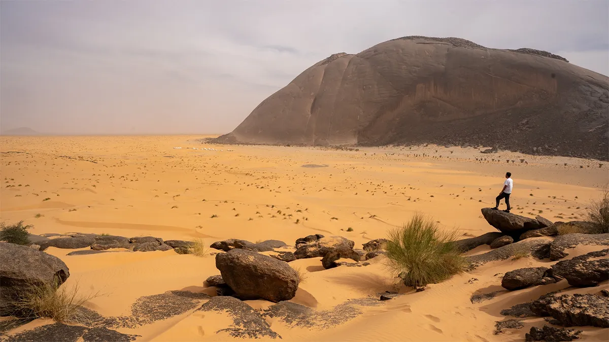 Wiebe Wakker at Ben Amera, Mauritania Wiebe Wakker standing on a rock overlooking the desert and the Ben Amera monolith in Mauritania.