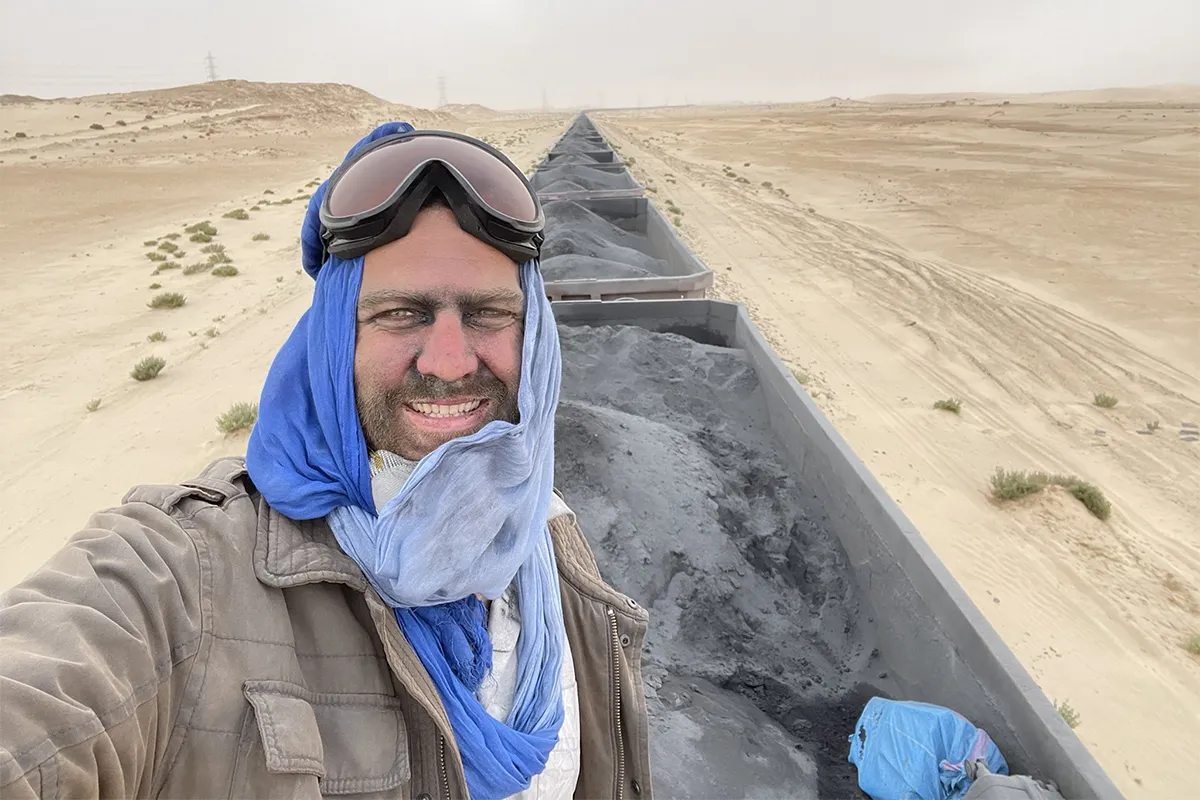 Wiebe Wakker on the Iron Ore Train Selfie of Wiebe Wakker riding the Mauritanian Iron Ore Train.